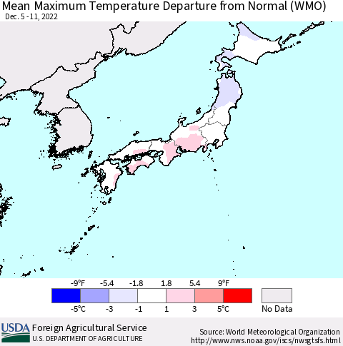 Japan Mean Maximum Temperature Departure from Normal (WMO) Thematic Map For 12/5/2022 - 12/11/2022