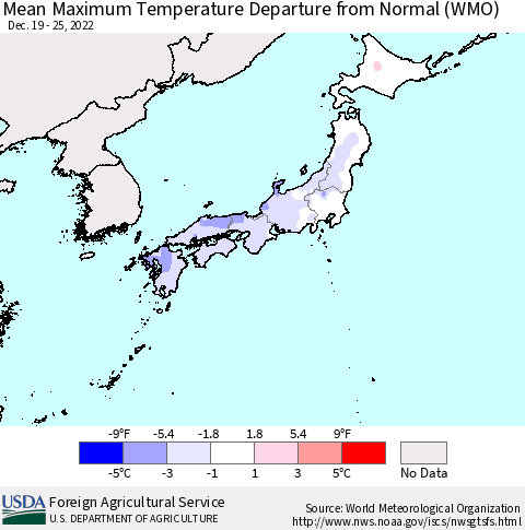 Japan Mean Maximum Temperature Departure from Normal (WMO) Thematic Map For 12/19/2022 - 12/25/2022