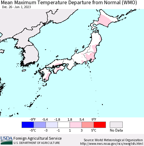 Japan Mean Maximum Temperature Departure from Normal (WMO) Thematic Map For 12/26/2022 - 1/1/2023