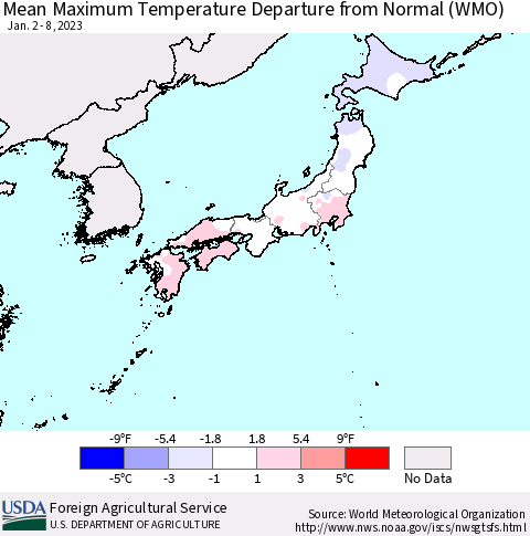 Japan Mean Maximum Temperature Departure from Normal (WMO) Thematic Map For 1/2/2023 - 1/8/2023