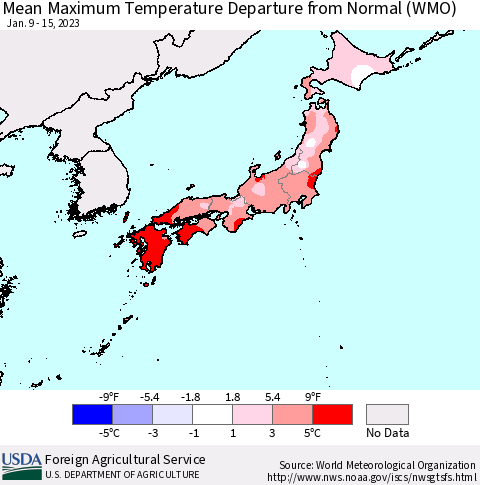 Japan Mean Maximum Temperature Departure from Normal (WMO) Thematic Map For 1/9/2023 - 1/15/2023
