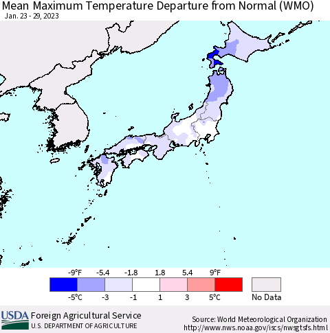Japan Mean Maximum Temperature Departure from Normal (WMO) Thematic Map For 1/23/2023 - 1/29/2023