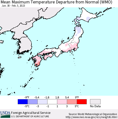 Japan Mean Maximum Temperature Departure from Normal (WMO) Thematic Map For 1/30/2023 - 2/5/2023