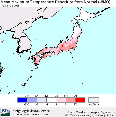 Japan Mean Maximum Temperature Departure from Normal (WMO) Thematic Map For 2/6/2023 - 2/12/2023