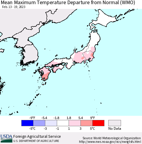 Japan Mean Maximum Temperature Departure from Normal (WMO) Thematic Map For 2/13/2023 - 2/19/2023
