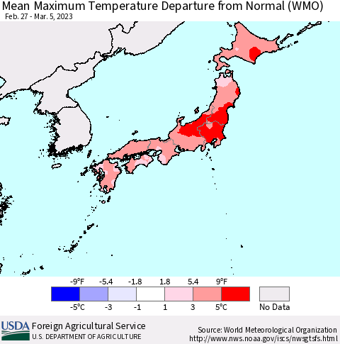 Japan Mean Maximum Temperature Departure from Normal (WMO) Thematic Map For 2/27/2023 - 3/5/2023