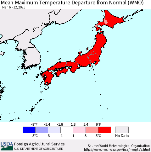 Japan Mean Maximum Temperature Departure from Normal (WMO) Thematic Map For 3/6/2023 - 3/12/2023