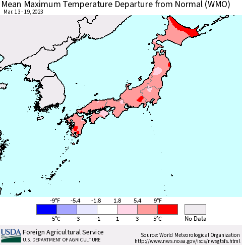 Japan Mean Maximum Temperature Departure from Normal (WMO) Thematic Map For 3/13/2023 - 3/19/2023