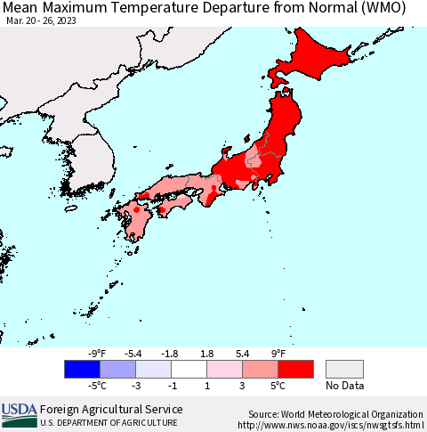 Japan Mean Maximum Temperature Departure from Normal (WMO) Thematic Map For 3/20/2023 - 3/26/2023
