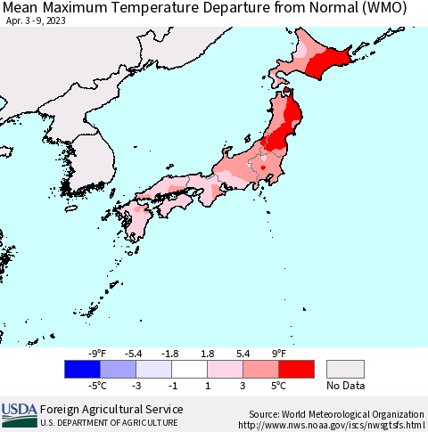 Japan Mean Maximum Temperature Departure from Normal (WMO) Thematic Map For 4/3/2023 - 4/9/2023