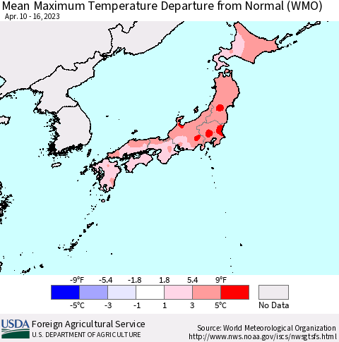 Japan Mean Maximum Temperature Departure from Normal (WMO) Thematic Map For 4/10/2023 - 4/16/2023