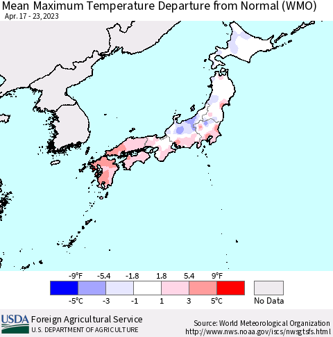 Japan Mean Maximum Temperature Departure from Normal (WMO) Thematic Map For 4/17/2023 - 4/23/2023
