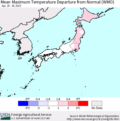 Japan Mean Maximum Temperature Departure from Normal (WMO) Thematic Map For 4/24/2023 - 4/30/2023