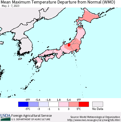 Japan Mean Maximum Temperature Departure from Normal (WMO) Thematic Map For 5/1/2023 - 5/7/2023