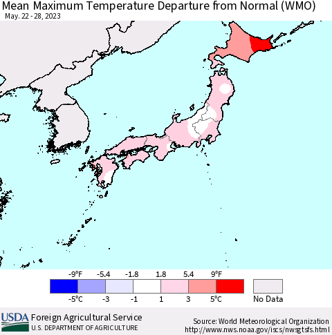 Japan Mean Maximum Temperature Departure from Normal (WMO) Thematic Map For 5/22/2023 - 5/28/2023
