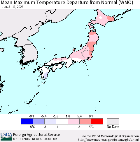 Japan Mean Maximum Temperature Departure from Normal (WMO) Thematic Map For 6/5/2023 - 6/11/2023