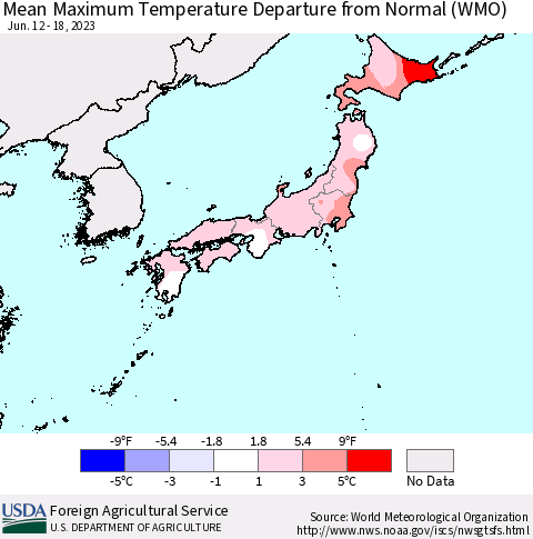 Japan Mean Maximum Temperature Departure from Normal (WMO) Thematic Map For 6/12/2023 - 6/18/2023
