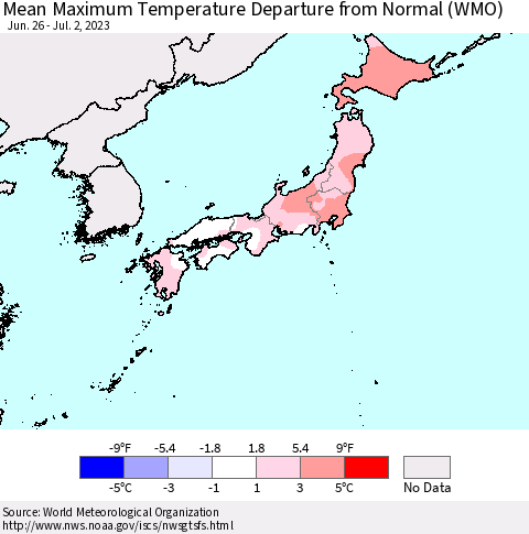Japan Mean Maximum Temperature Departure from Normal (WMO) Thematic Map For 6/26/2023 - 7/2/2023