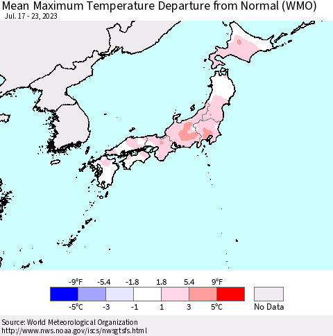 Japan Mean Maximum Temperature Departure from Normal (WMO) Thematic Map For 7/17/2023 - 7/23/2023