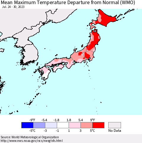 Japan Mean Maximum Temperature Departure from Normal (WMO) Thematic Map For 7/24/2023 - 7/30/2023