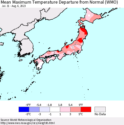 Japan Mean Maximum Temperature Departure from Normal (WMO) Thematic Map For 7/31/2023 - 8/6/2023