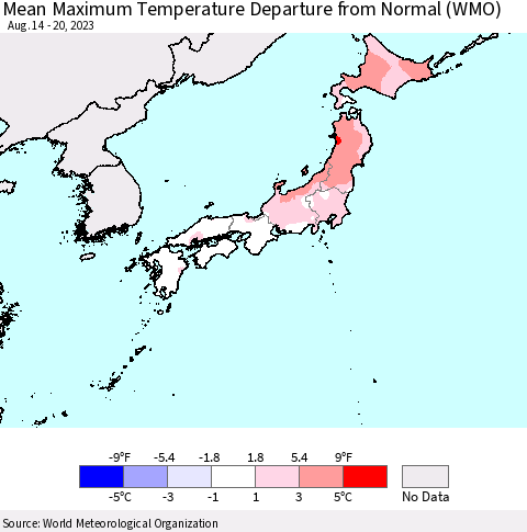 Japan Mean Maximum Temperature Departure from Normal (WMO) Thematic Map For 8/14/2023 - 8/20/2023