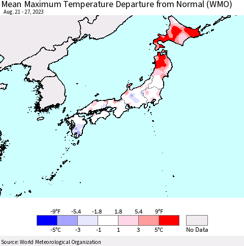 Japan Mean Maximum Temperature Departure from Normal (WMO) Thematic Map For 8/21/2023 - 8/27/2023