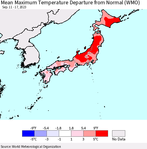 Japan Mean Maximum Temperature Departure from Normal (WMO) Thematic Map For 9/11/2023 - 9/17/2023
