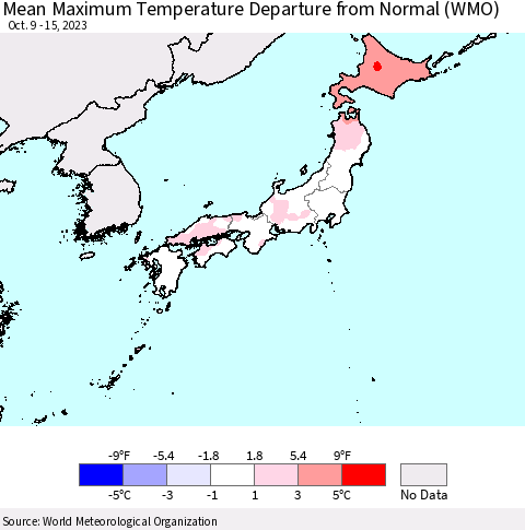 Japan Mean Maximum Temperature Departure from Normal (WMO) Thematic Map For 10/9/2023 - 10/15/2023