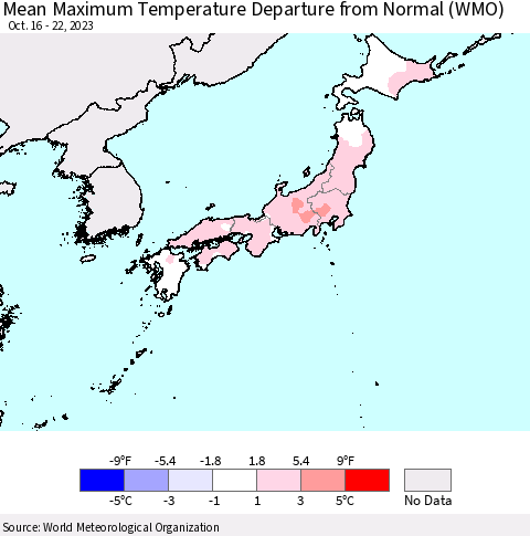 Japan Mean Maximum Temperature Departure from Normal (WMO) Thematic Map For 10/16/2023 - 10/22/2023
