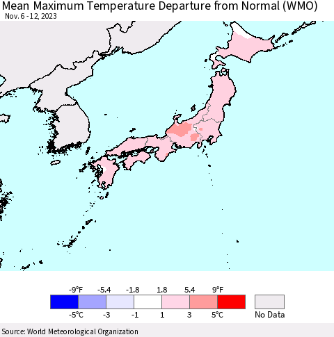 Japan Mean Maximum Temperature Departure from Normal (WMO) Thematic Map For 11/6/2023 - 11/12/2023