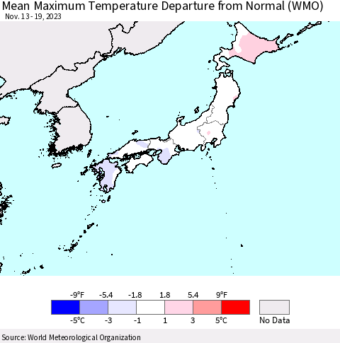 Japan Mean Maximum Temperature Departure from Normal (WMO) Thematic Map For 11/13/2023 - 11/19/2023