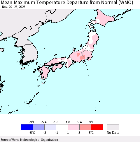 Japan Mean Maximum Temperature Departure from Normal (WMO) Thematic Map For 11/20/2023 - 11/26/2023