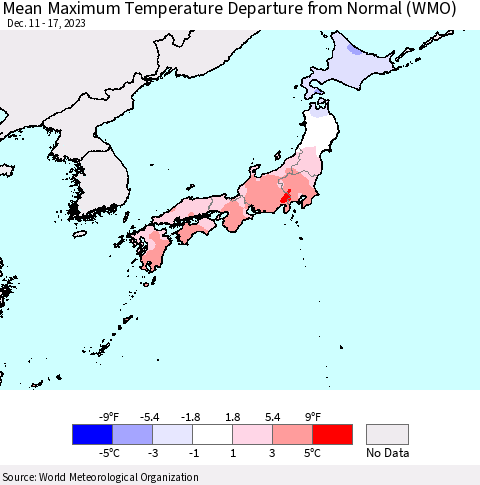 Japan Mean Maximum Temperature Departure from Normal (WMO) Thematic Map For 12/11/2023 - 12/17/2023