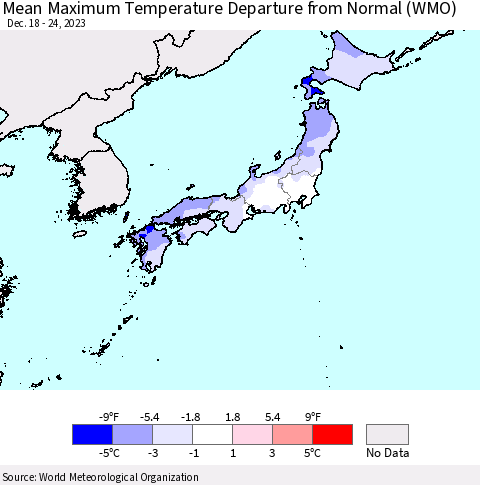 Japan Mean Maximum Temperature Departure from Normal (WMO) Thematic Map For 12/18/2023 - 12/24/2023