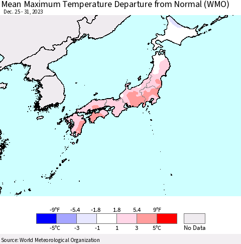 Japan Mean Maximum Temperature Departure from Normal (WMO) Thematic Map For 12/25/2023 - 12/31/2023