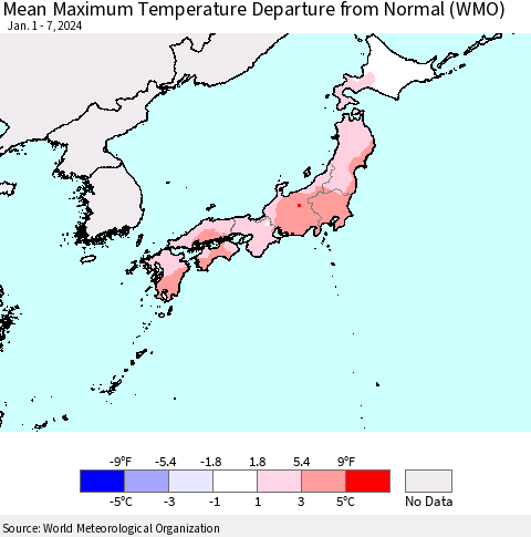 Japan Mean Maximum Temperature Departure from Normal (WMO) Thematic Map For 1/1/2024 - 1/7/2024