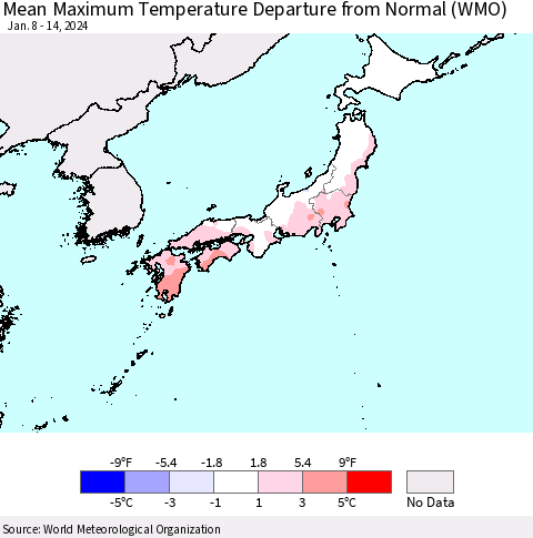 Japan Mean Maximum Temperature Departure from Normal (WMO) Thematic Map For 1/8/2024 - 1/14/2024