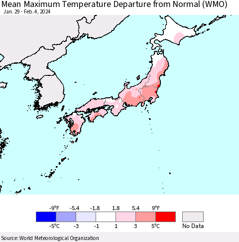 Japan Mean Maximum Temperature Departure from Normal (WMO) Thematic Map For 1/29/2024 - 2/4/2024