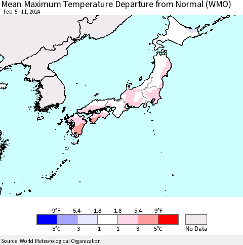 Japan Mean Maximum Temperature Departure from Normal (WMO) Thematic Map For 2/5/2024 - 2/11/2024