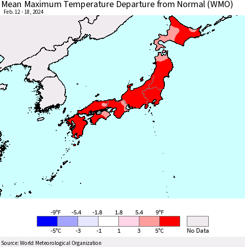 Japan Mean Maximum Temperature Departure from Normal (WMO) Thematic Map For 2/12/2024 - 2/18/2024