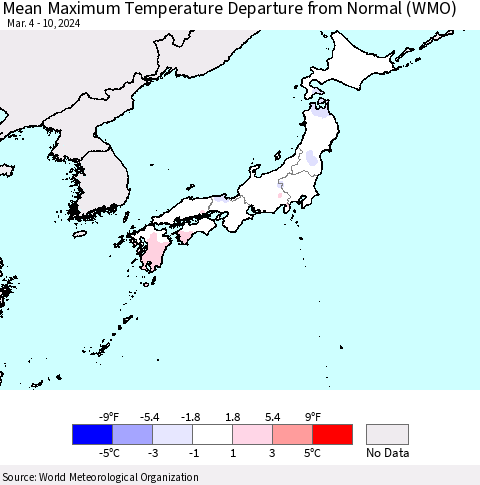 Japan Mean Maximum Temperature Departure from Normal (WMO) Thematic Map For 3/4/2024 - 3/10/2024