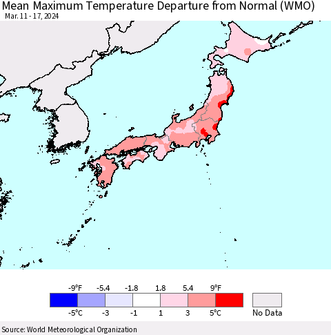 Japan Mean Maximum Temperature Departure from Normal (WMO) Thematic Map For 3/11/2024 - 3/17/2024