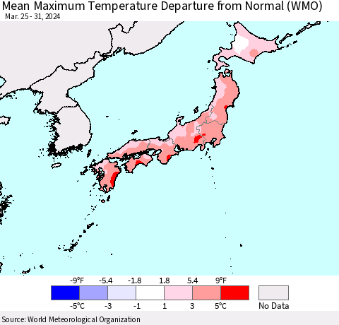Japan Mean Maximum Temperature Departure from Normal (WMO) Thematic Map For 3/25/2024 - 3/31/2024
