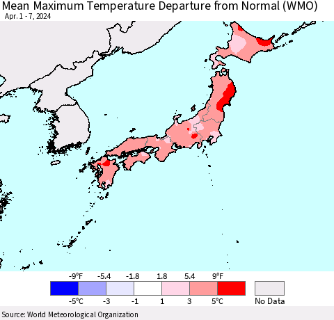 Japan Mean Maximum Temperature Departure from Normal (WMO) Thematic Map For 4/1/2024 - 4/7/2024