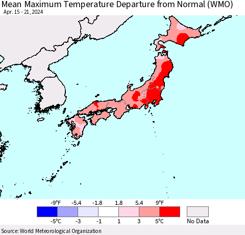 Japan Mean Maximum Temperature Departure from Normal (WMO) Thematic Map For 4/15/2024 - 4/21/2024
