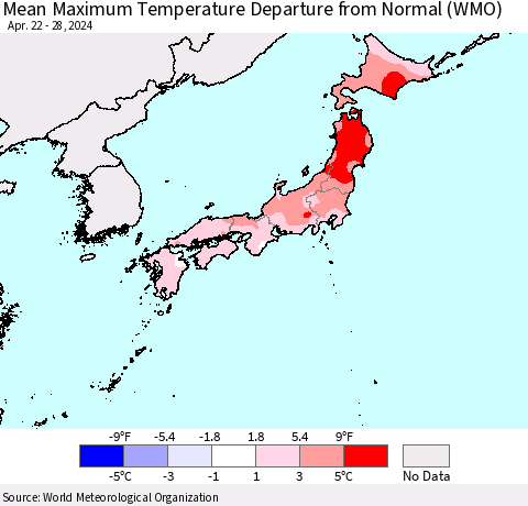 Japan Mean Maximum Temperature Departure from Normal (WMO) Thematic Map For 4/22/2024 - 4/28/2024
