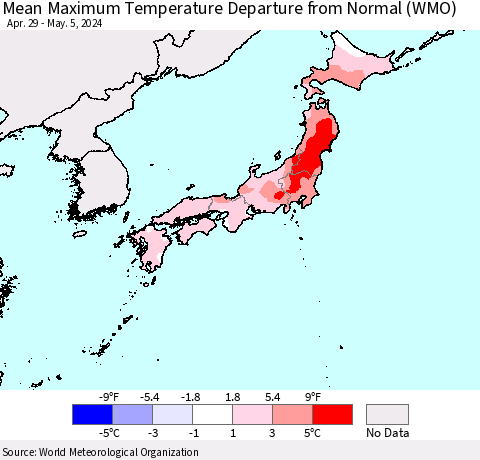 Japan Mean Maximum Temperature Departure from Normal (WMO) Thematic Map For 4/29/2024 - 5/5/2024