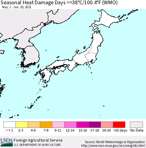 Japan Seasonal Heat Damage Days >=38°C/100°F (WMO) Thematic Map For 5/1/2021 - 6/20/2021
