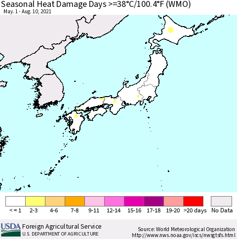 Japan Seasonal Heat Damage Days >=38°C/100°F (WMO) Thematic Map For 5/1/2021 - 8/10/2021